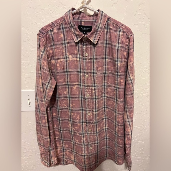 PACSUN  button down distressed shirt. Pinks, grey & black colors. Sz. Medium. - Picture 1 of 8